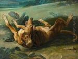 A Hound In A Landscape, Huntsmen And Theirdogs In The Distance by Alexandre-Francois Desportes
