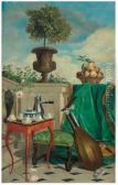 A Terrace Set For Tea With Musical Instruments - view 1