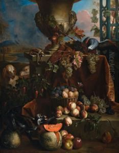 Still Life Of Fruits In A Landscape by Alexandre-Francois Desportes