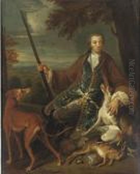 Portrait Of A Young Gentleman,
Full-length, In A Hunting Dress With His Hounds In A Landscape by Alexandre-Francois Desportes
