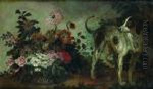 Nature Morte Au Panier De Fleurs Et Chien De Chasse by Alexandre-Francois Desportes