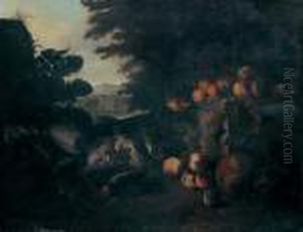 Nature Morte De Fruits Et Trophes De Chasse Sur Fond De Paysage - view 1