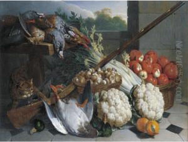 A Still Life Of Game With A
Musket, Baskets Of Apples And Mushrooms, A Bunch Of Celery, Two
Cauliflowers And A Cat - view 1