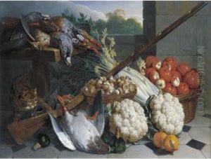 A Still Life Of Game With A 
Musket, Baskets Of Apples And Mushrooms, A Bunch Of Celery, Two 
Cauliflowers And A Cat