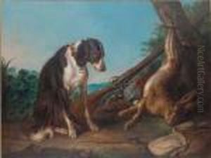 A Dead Hare And Game Birds In A Clearing With A Rifle And A Dog by Alexandre-Francois Desportes
