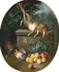 Still Life With Game And Peaches With A Cat Stalking From Behind A Stone Ledge by Alexandre-Francois Desportes