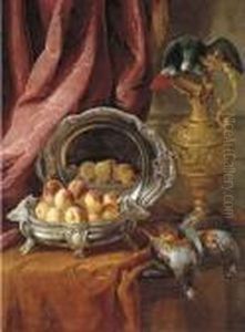 Peaches In A Silver-footed Bowl,
A Silver Platter, An African Grey Parrot Perched On A Vermeil Ewer And
Game Birds On A Partly-draped Tabletop by Alexandre-Francois Desportes