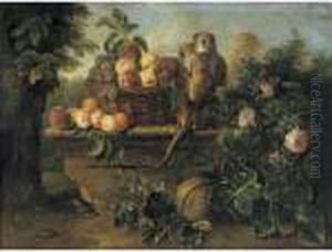 Still Life With A Monkey And A 
Basket Of Fruit All Resting On A Ledge With A Landscape Beyond