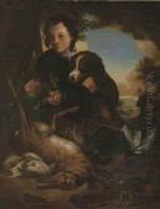 A Boy And A Dog With Dead Game By A Tree In A Landscape A Boy And A Dog With Dead Game By A Tree In A Landscape