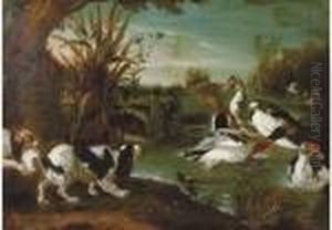 Spaniels Threatening Ducks In A River Landscape by Alexandre-Francois Desportes