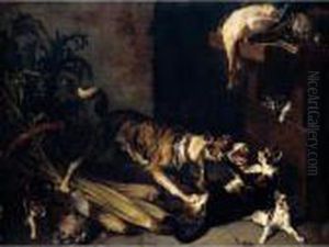 A Dog And A Cat Fighting In A Kitchen Interior by Alexandre-Francois Desportes