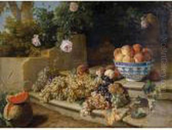 Still Life Of Grapes, Peaches In
A Blue And White Porcelain Bowl And A Melon, Resting On A Stone
Stairway - view 1