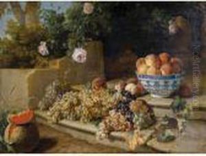 Still Life Of Grapes, Peaches In
A Blue And White Porcelain Bowl And A Melon, Resting On A Stone
Stairway by Alexandre-Francois Desportes
