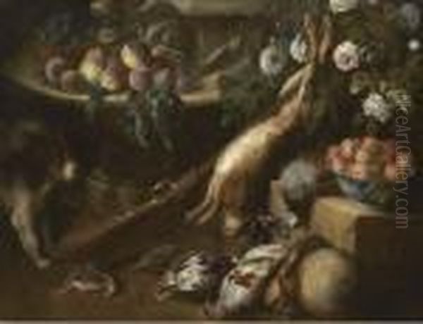 A Dead Hare, Woodcock And 
Pheasants On Ledges In A Garden, With Plums, A Bowl Of Peaches, A Gun 
And A Dog - view 1