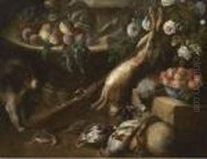 A Dead Hare, Woodcock And 
Pheasants On Ledges In A Garden, With Plums, A Bowl Of Peaches, A Gun 
And A Dog