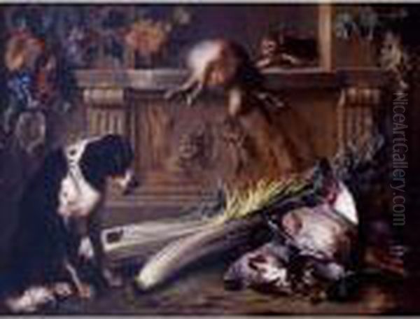Still Life With Game, A Dog, A
Cat And A Hare On A Table Decorated With A Bas Relief By Francois
Duquesnoy - view 1