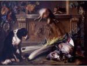 Still Life With Game, A Dog, A
Cat And A Hare On A Table Decorated With A Bas Relief By Francois
Duquesnoy by Alexandre-Francois Desportes