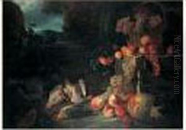 Nature Morte Au Panier De Raisins, Abricots,peches Et Perdrix Sur Fond De Paysage - view 1