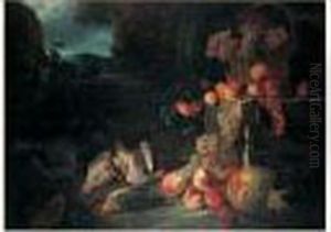 Nature Morte Au Panier De Raisins, Abricots,peches Et Perdrix Sur Fond De Paysage