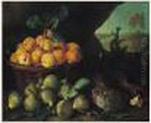 Panier D'abricots, Figues Et Perdrix Sur Fond De Paysage