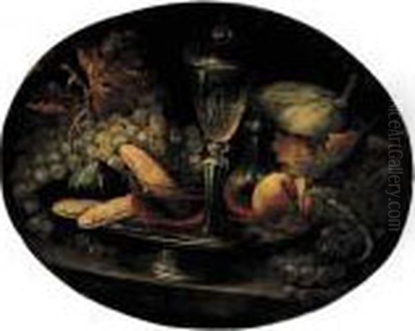 Grapes, A Fig, Breadrolls,
Wineglasses And A Peach On A Pewter Plate With Grapes And A Melon On A
Stone Ledge - view 1