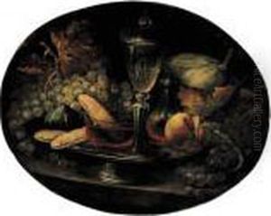 Grapes, A Fig, Breadrolls,
Wineglasses And A Peach On A Pewter Plate With Grapes And A Melon On A
Stone Ledge by Alexandre-Francois Desportes