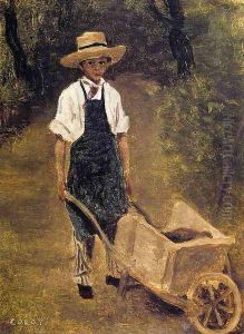 Octave Chamouillet Pushing a Wheelbarrow in a Garden by Jean-Baptiste-Camille Corot