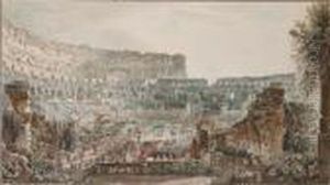 Capriccio View Of The Colosseum, Rome, With Pilgrims Gathering Before Altars by Louis Jean Desprez