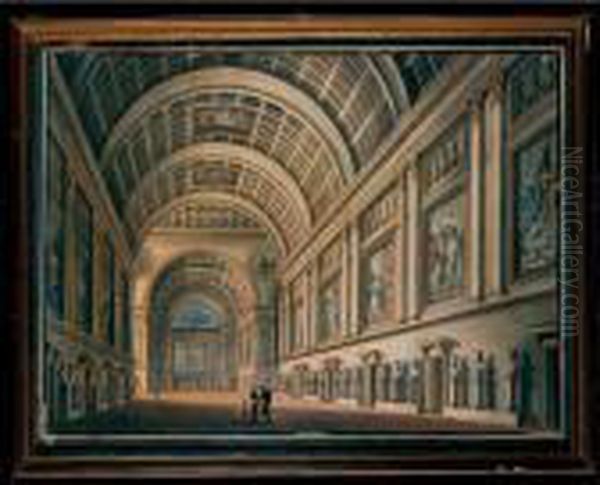 Interno Di Una Galleria Con
Figure Corredata Da Busti Antichi Su Piedistalli Al Di Sotto Di Tele Di
Soggetto Storico Inserite In Una Elaborata Decorazione Architettonica
Con Doppie Lesene E Stucchi - view 1