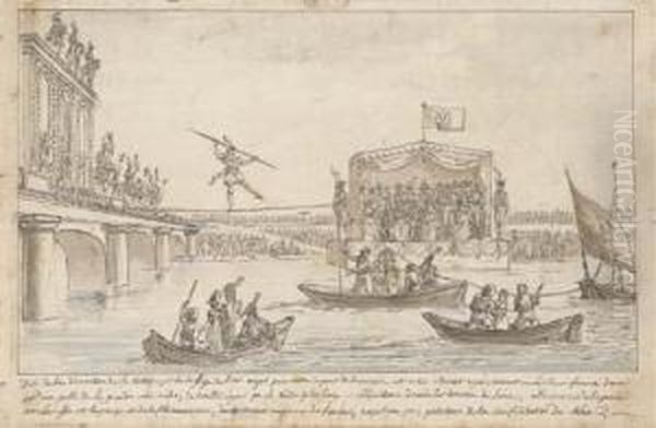 A Tightrope Walker Crossing The Seine Near The Concorde - view 1