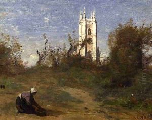 Landscape with a White Tower, Souvenir of Crecy by Jean-Baptiste-Camille Corot