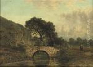 A Hunter And His Dog By A Bridge by Johannes Josephus Destree