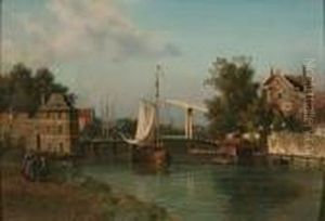 Stadsgezicht Met Rivier En Zeilboot