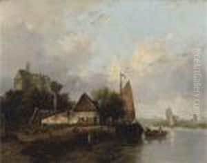 A Ship Moored Near A Dutch Town by Johannes Josephus Destree