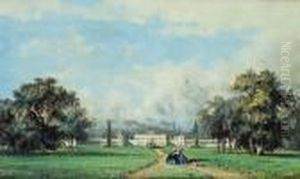 Promeneurs Dans Un Parc Devant Un Chateau. by Johannes Josephus Destree