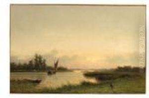 A Summer Landscape With A Sailing Boat On A Meandering River by Johannes Josephus Destree