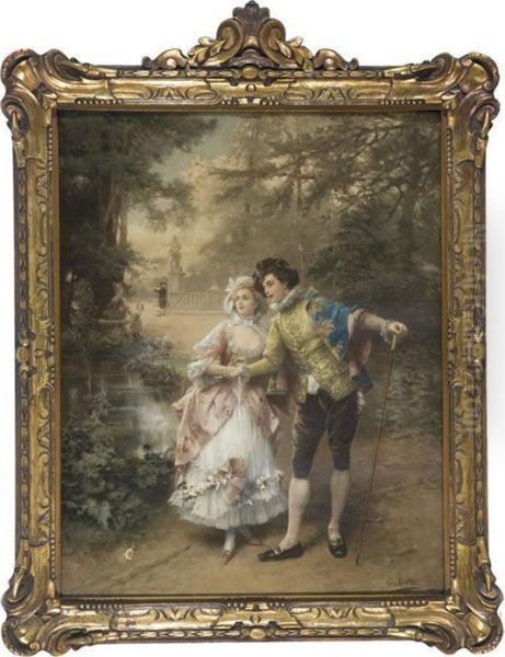 Rococo Style Print Of Acouple Strolling Through The Park. - view 1