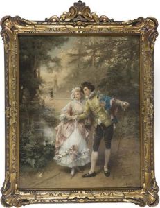 Rococo Style Print Of Acouple Strolling Through The Park.