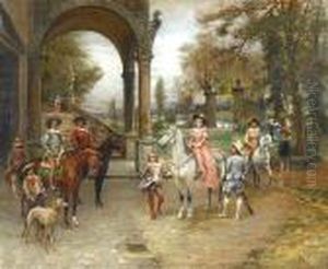 Elegant Figures Being Announced In A Courtyard