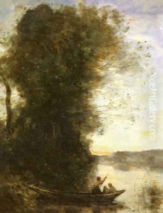 Le Batelier Quittant La Rive Avec Une Femme Et Un Enfant Assis Dans Sa Barque, Soleil Couchant by Jean-Baptiste-Camille Corot