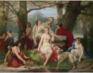 Diana Goddess Of The Hunt Surrounded By Her Servants In A Luminous Forest Setting by Louis Devedeux