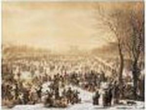Patineurs Sur Le Bassin De La Villette, Hiver 1821 by Jean-Charles Develly