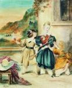 Enfants Jouant Au Badmington by Achille-Jacques-Jean-Marie Deveria