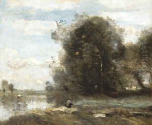 Le pecheur à la ligne. Souvenir des Marais du Nord by Jean-Baptiste-Camille Corot