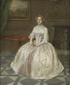 Portrait Of A Lady, Small
Full-length, In A White Dress With Pinkunderskirt, Seated Beside A
Mahogany Tripod Table, A Fireplace Witha Stucco Overmantel Beyond by Arthur Devis