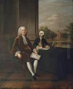Portrait Of Henry Pelham, Prime
Minister (1694-1754), Three-quarter-length, In A Brown Coat And White
Cravat, Seated At His Desk With His Secretary, John Roberts, M.p.
(1712-1772), Half-length, In A Navy Coat And Gold Waistcoat, Esher Place
Beyond by Arthur Devis
