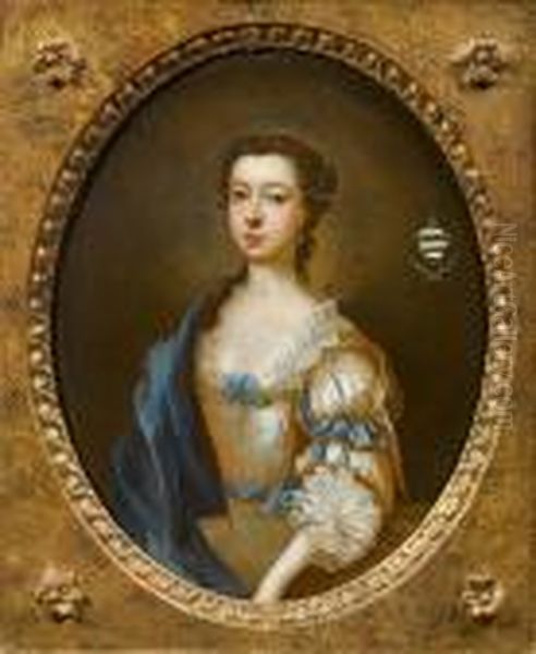 Portrait Of A Lady, Half-length,
 In A Gold Silk Dress With Blue Ribbons And A Blue Wrap; And A Portrait 
Of A Lady Half-length, In A Gold Dress With Lace Trim And Pearls - view 1