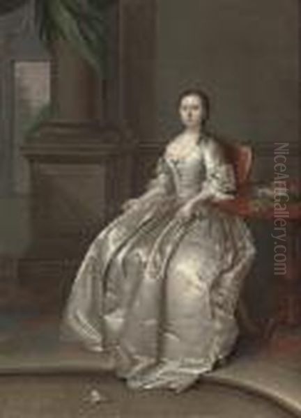 Portrait Of A Lady, Seated,
Full-length, In A White Dress, Beside A Table With A Basket Of Flowers, A
Sprig Of Orange Blossom In Her Right Hand, In An Interior - view 1