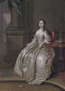 Portrait Of A Lady, Small 
Full-length, Seated In A White Dress, Beside A Table With A Basket Of 
Flowers, A Sprig Of Orange Blossom In Her Right Hand, In An Interior