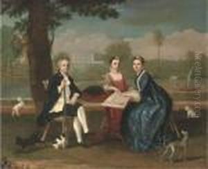 Group Portrait Of A Naval Officer And Two Ladies by Arthur Devis